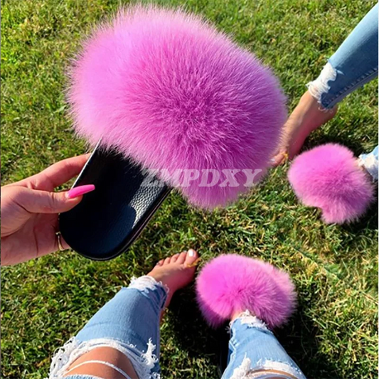 Rainbow Fur Slides Women's Furry Plush Raccoon Fox Fur Slippers Indoor Flat Non-Slip Summer Beach Flip Flops Large Size Sandals