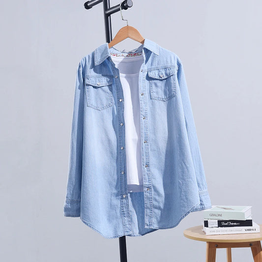Women Shirt Denim Cotton Tops Casual Thick Pockets Single Breasted Button Up Lapel Long Sleeve Large Size Blue Shirt