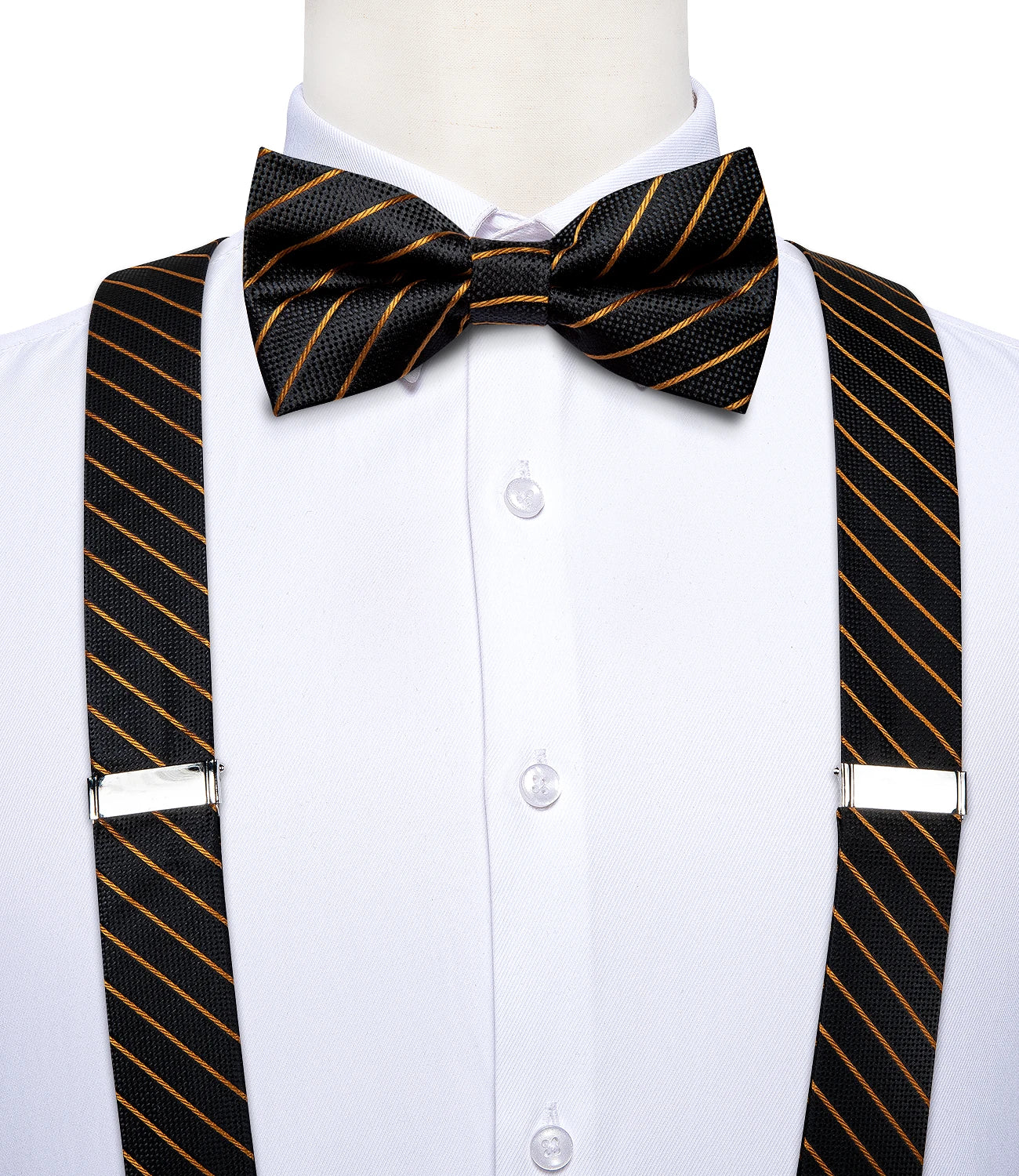 DiBanGu Mens Adjustable Silk Suspenders Bow Tie Cufflinks Pocket Square Set Metal Clips Y back Elastic Braces Wide Strap 3.5CM