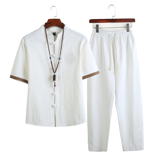Mens Linen Sets Summer Men Streetwear Jogger Shirts+Long Pants Male Slim Style 2 Pieces Hanfu Tracksuit Tang Suit 5Xl