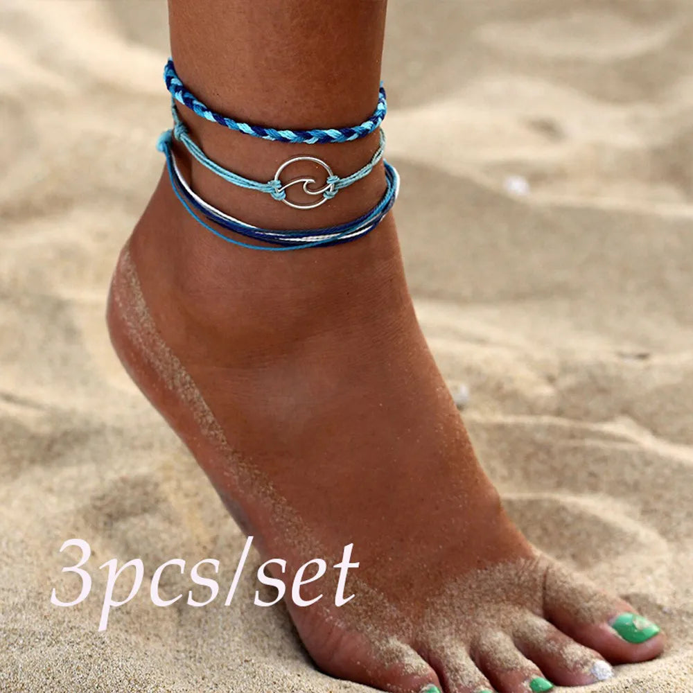 3pcs Bohemia Blue Wave Ankle Bracelet Rope Beach Anklet Jewelry Anklets For Women Accesories boho Leg Bohemian Chain gifts