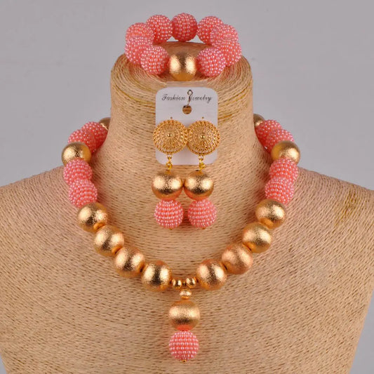 New Fashion African Handmade Beaded Peach Nigeria Wedding Jewelry Set Imitation Pearl Female Necklace Earring Bracelet XX-30