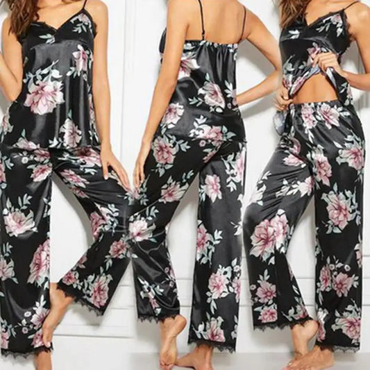 Cozyclothhaven 2Pcs Summer Sexy Pajama Sets Women Floral Print V-Neck Lace Vest Long Pants Sexy Sleepwear Women Night Gowns Women Pajama Sets.(Sizes may run small)