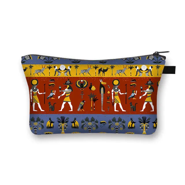 Egyptian-themed cosmetic bag with hieroglyphic art, perfect for travel or everyday use