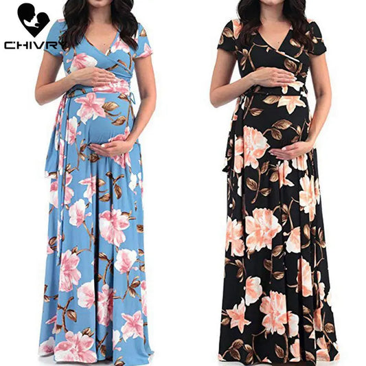 Chivry Maternity Dress Women Floral Print Short Sleeve V-neck Maxi Long Dress Pregnant Casual Clothes Summer Maternity Dress