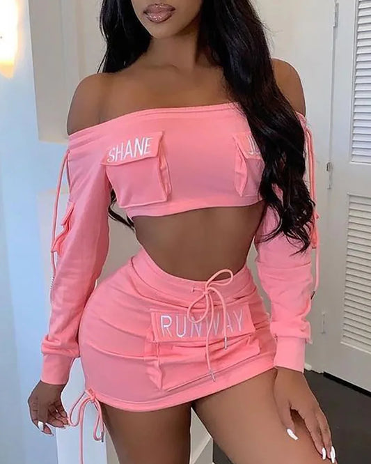 Two Piece Set Women Outfit Summer Pocket Design Letter Off Shoulder Long Sleeved Crop Top & Drawstring High Waist Mini Skirt Set