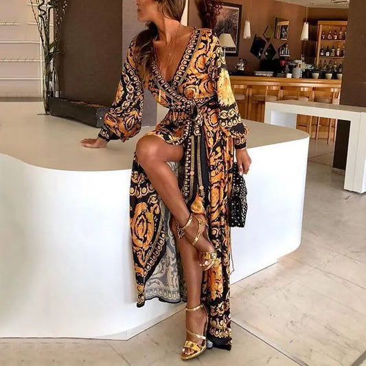 Elegant Women's Boat Neck Glitter Dress Sexy Deep V Neck Printed Party Dress Formal Long Clubwear for Fashion
