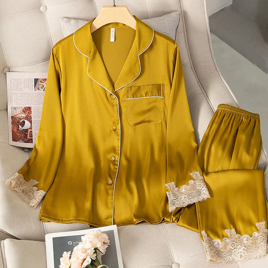 Satin Pajamas Set Faux Silk Women Sleepwear Shirt & Pants Casual Lace Pajamas Lounge Wear Nightwear