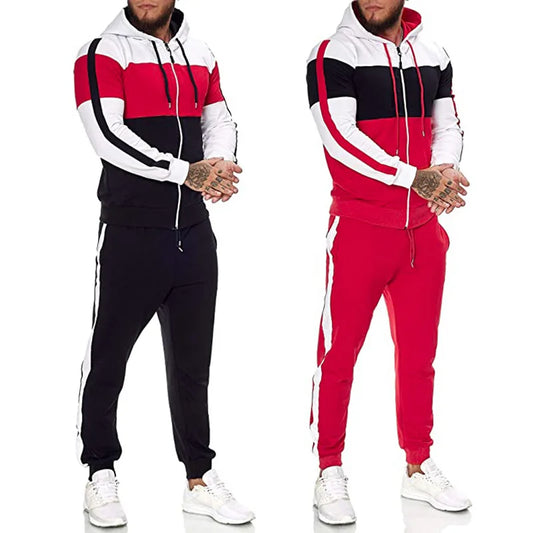 Autumn and Winter New Three-color Stitching Men's Fashion Sets Casual Sweater Plus Velvet Thick Suit Warm Hooded Jacket