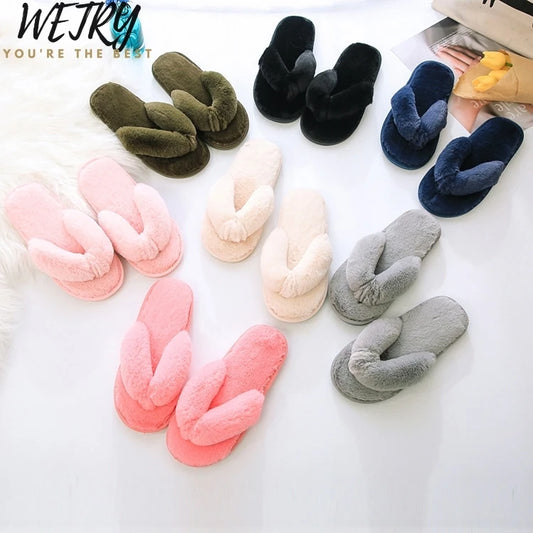 Winter Women Home Slippers with Faux Fur Fashion Warm Shoes Woman Slip on Flats Female Slides Black Pink Plus Size 41