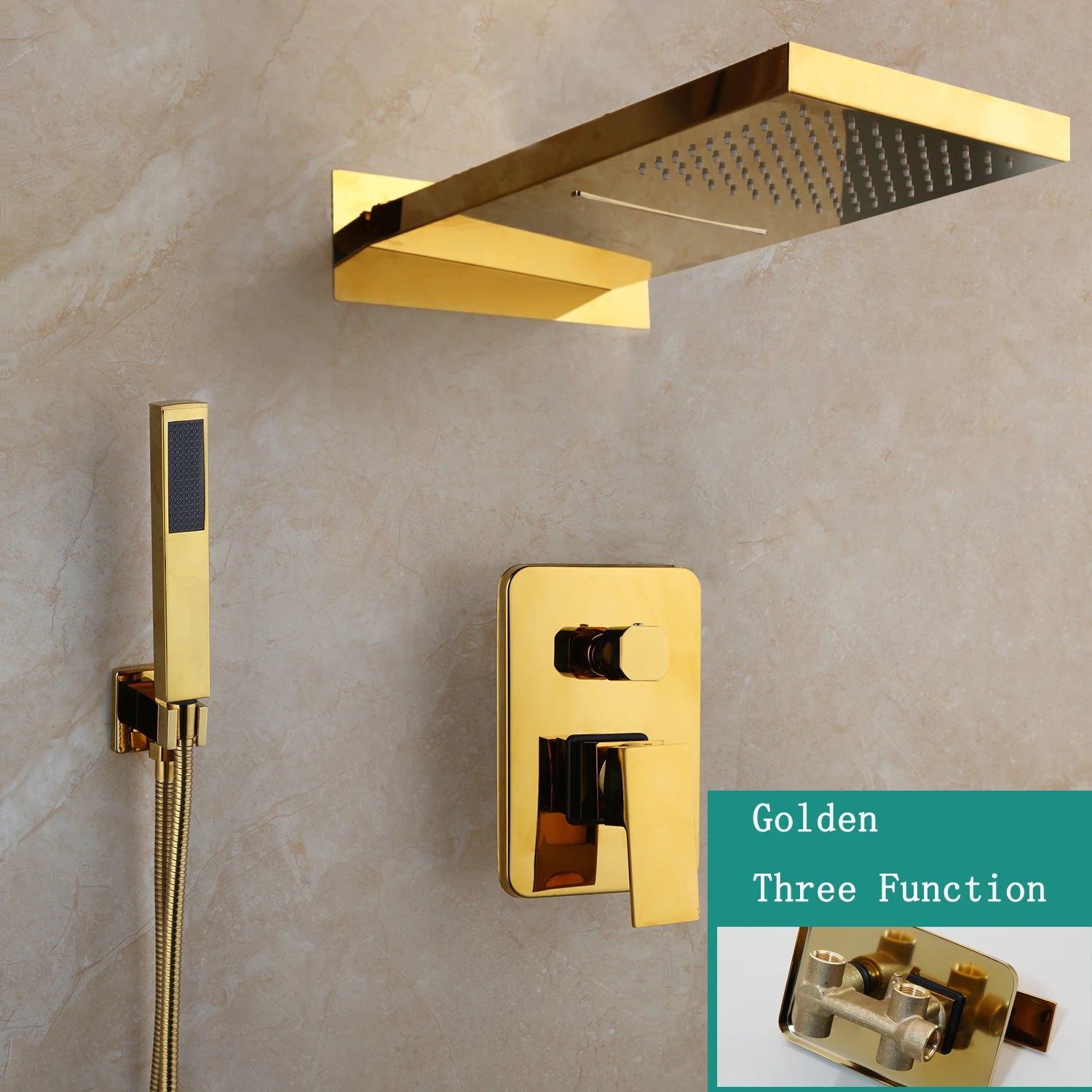 Golden three-function shower system with rainfall head, handheld sprayer, and wall controls