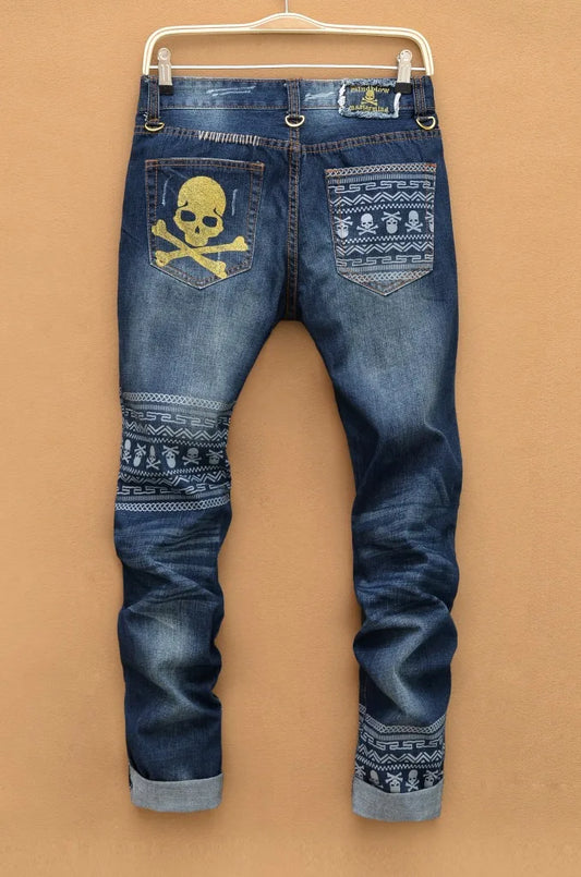 New tearing denim men ripped jeans hip hop skull head straight slim balmai jeans men denim pants male trousers size 28-38