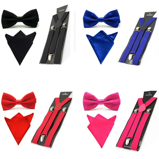 Men Satin Solid Color Bowtie Y-Shape Suspenders Handkerchief Pocket Square Set BWSET0013