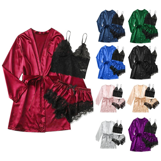 3 Pieces Summer Women Pajamas Sets Satin Silk Sleepwear With Shorts Robes Nightgown Female Lace Nightwear Suit Pajamas