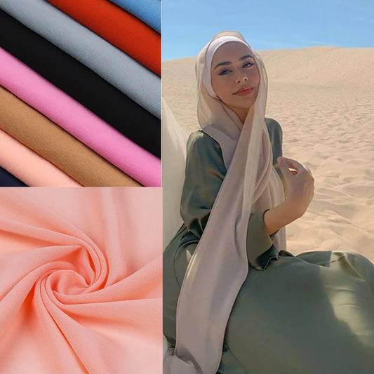 Concierge Tiers: selection of chiffon hijabs in multiple colors, model in beige hijab outdoors