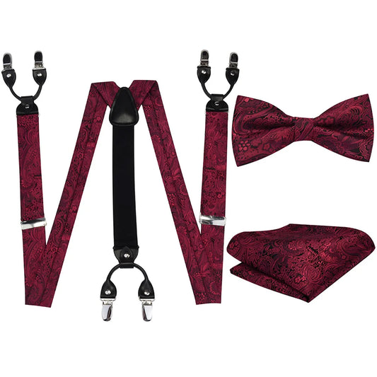 Adjustable Adult Suspender Straps Y Shape Clip-on Bowtie Pocket Square Set Men's Suspenders 6 Clip Pants Braces Suit Business