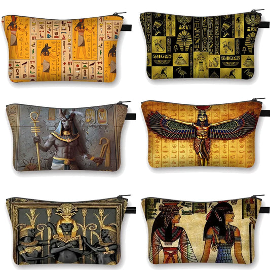 Egyptian Classical Art Print Cosmetic Bag Pharaoh Anubis Portable Makeup Bags Girls Clutch Cosmetic CaseToiletry Bags Gift