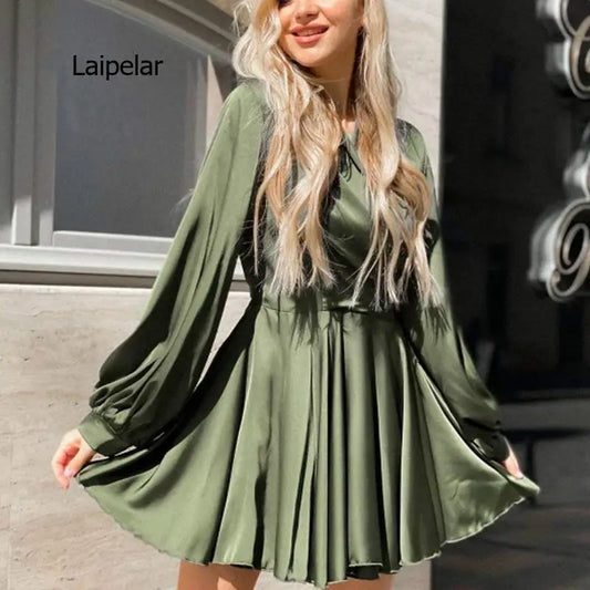 New Autumn Long Sleeve V-Neck Solid Color A-Line Swing Lantern Sleeve Soft Satin Short Dress