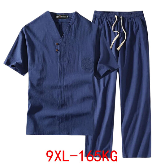 Men's Clothing Large Size  Suit Linen t-shirt Fashion Male Set 8XL 9XL plus Two Piece