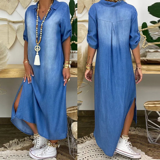 Casual Plus Size Denim Dress For Women Summer Dresses Lapel Split Sexy Loose Long ladies Jeans Dress 3XL Vestidos