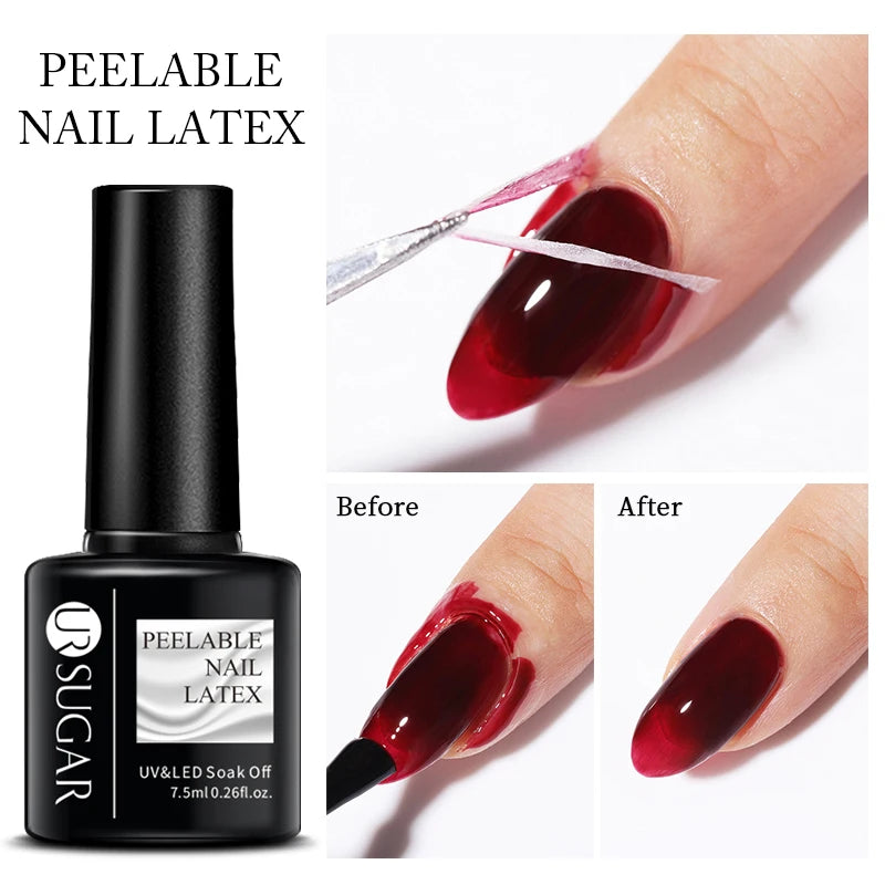 Peelable nail latex for easy cleanup, shown with before and after nail polish application