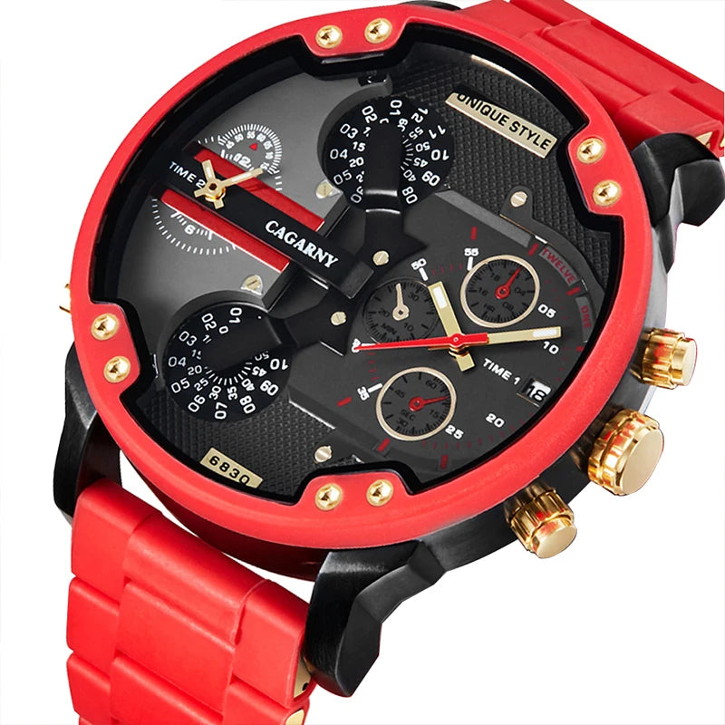 Cagarny men's red and black multi-dial quartz watch, gold accents, bold style design