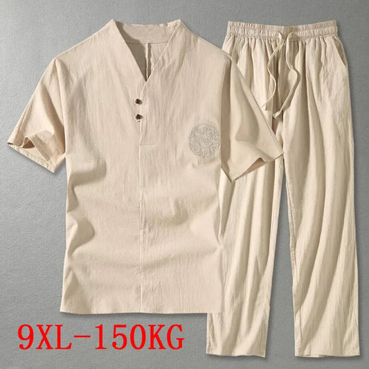 Men's Clothing Large Size  New Summer Suit Linen t-shirt Fashion Male Set Size 8XL 9XL plus Two Pieces