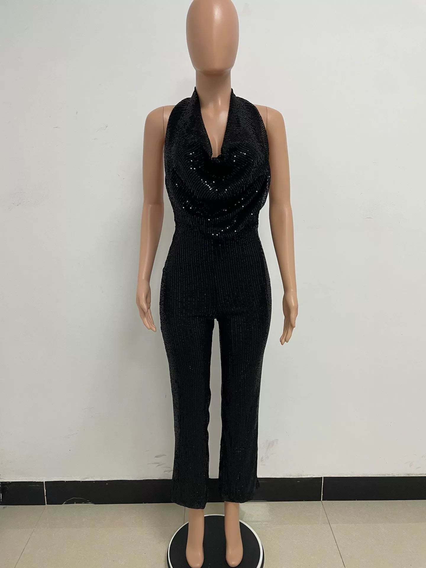 Women's Sleeveless Halter Sequined Jumpsuit Summer European American Style Short Eye-Catching Streetwear Low Waist Straight-leg