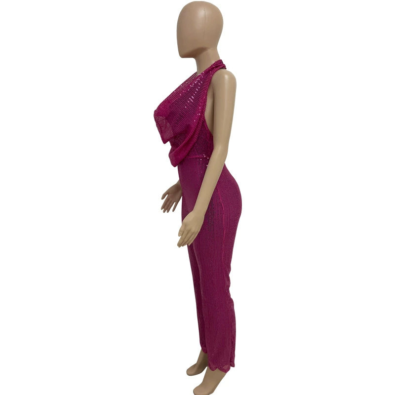 Women's Sleeveless Halter Sequined Jumpsuit Summer European American Style Short Eye-Catching Streetwear Low Waist Straight-leg