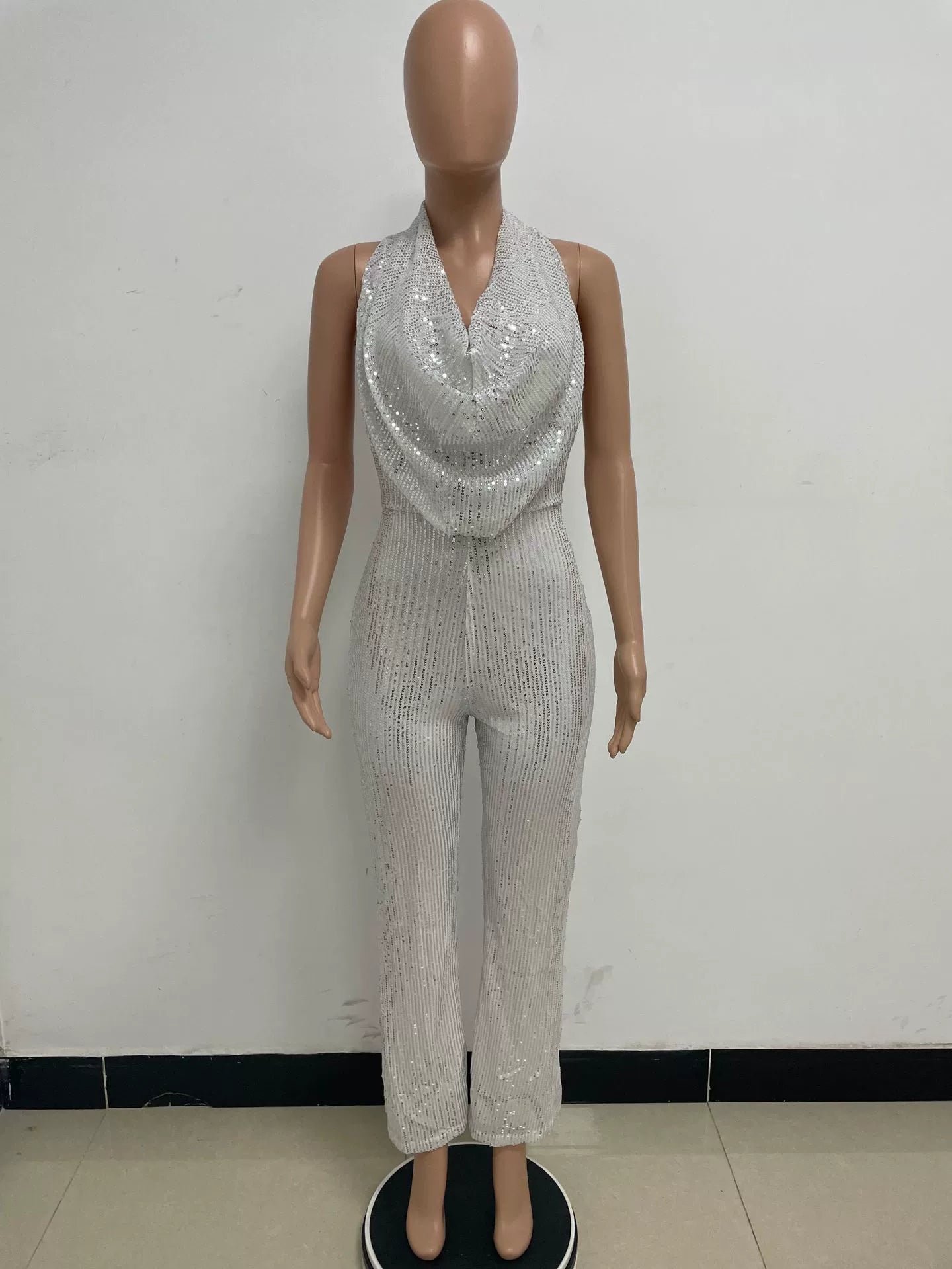 Women's Sleeveless Halter Sequined Jumpsuit Summer European American Style Short Eye-Catching Streetwear Low Waist Straight-leg