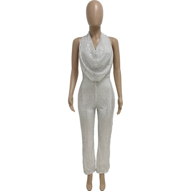 Women's Sleeveless Halter Sequined Jumpsuit Summer European American Style Short Eye-Catching Streetwear Low Waist Straight-leg