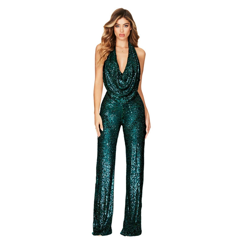 Women's Sleeveless Halter Sequined Jumpsuit Summer European American Style Short Eye-Catching Streetwear Low Waist Straight-leg