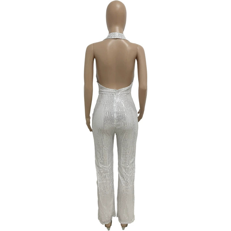 Women's Sleeveless Halter Sequined Jumpsuit Summer European American Style Short Eye-Catching Streetwear Low Waist Straight-leg