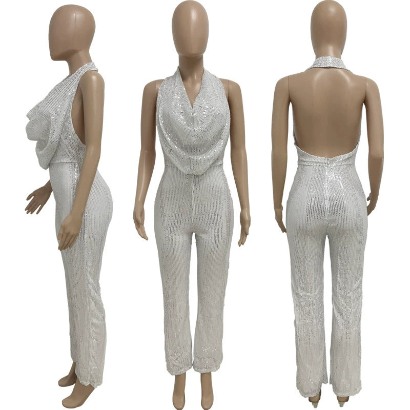 Women's Sleeveless Halter Sequined Jumpsuit Summer European American Style Short Eye-Catching Streetwear Low Waist Straight-leg