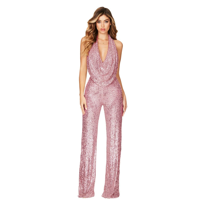 Women's Sleeveless Halter Sequined Jumpsuit Summer European American Style Short Eye-Catching Streetwear Low Waist Straight-leg