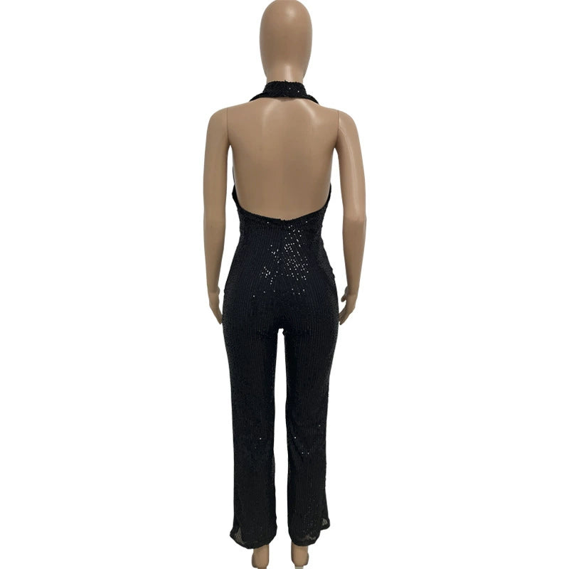 Women's Sleeveless Halter Sequined Jumpsuit Summer European American Style Short Eye-Catching Streetwear Low Waist Straight-leg
