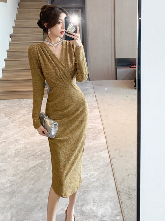 Accessible Luxury Socialite Pure Desire Sexy V-neck Dress Dress