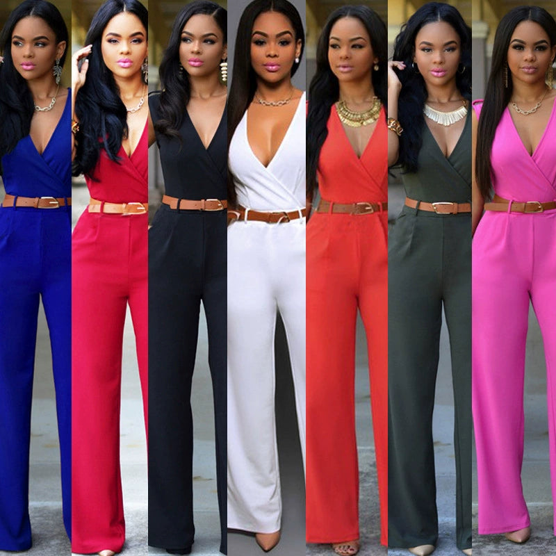 Sexy High Waist V-neck Wide Leg Pants Set Women's Fashion Street Style Jumpsuit for Birthday Party Summer 2022