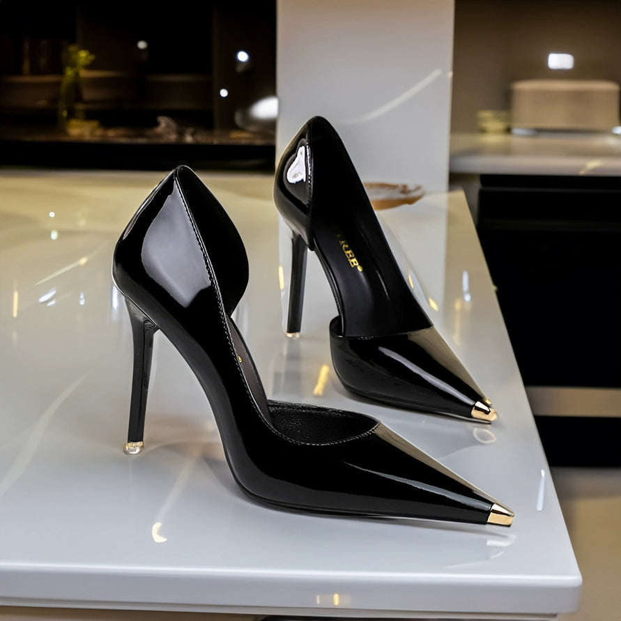 Patent Leather Fashion Sexy Solid Color Cut Out High Heels