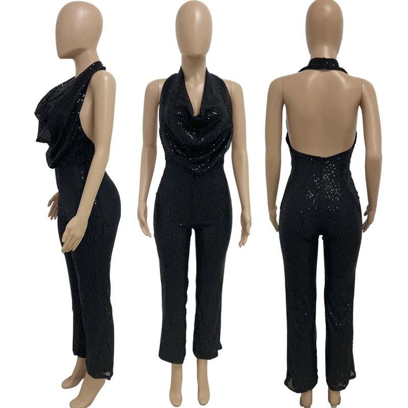 Women's Sleeveless Halter Sequined Jumpsuit Summer European American Style Short Eye-Catching Streetwear Low Waist Straight-leg