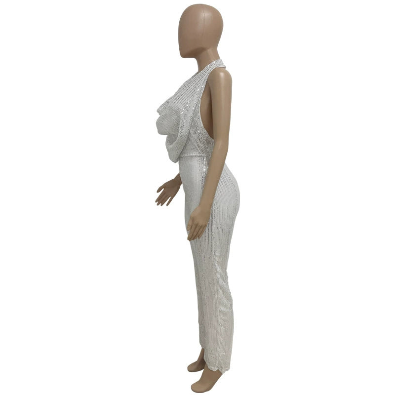 Women's Sleeveless Halter Sequined Jumpsuit Summer European American Style Short Eye-Catching Streetwear Low Waist Straight-leg