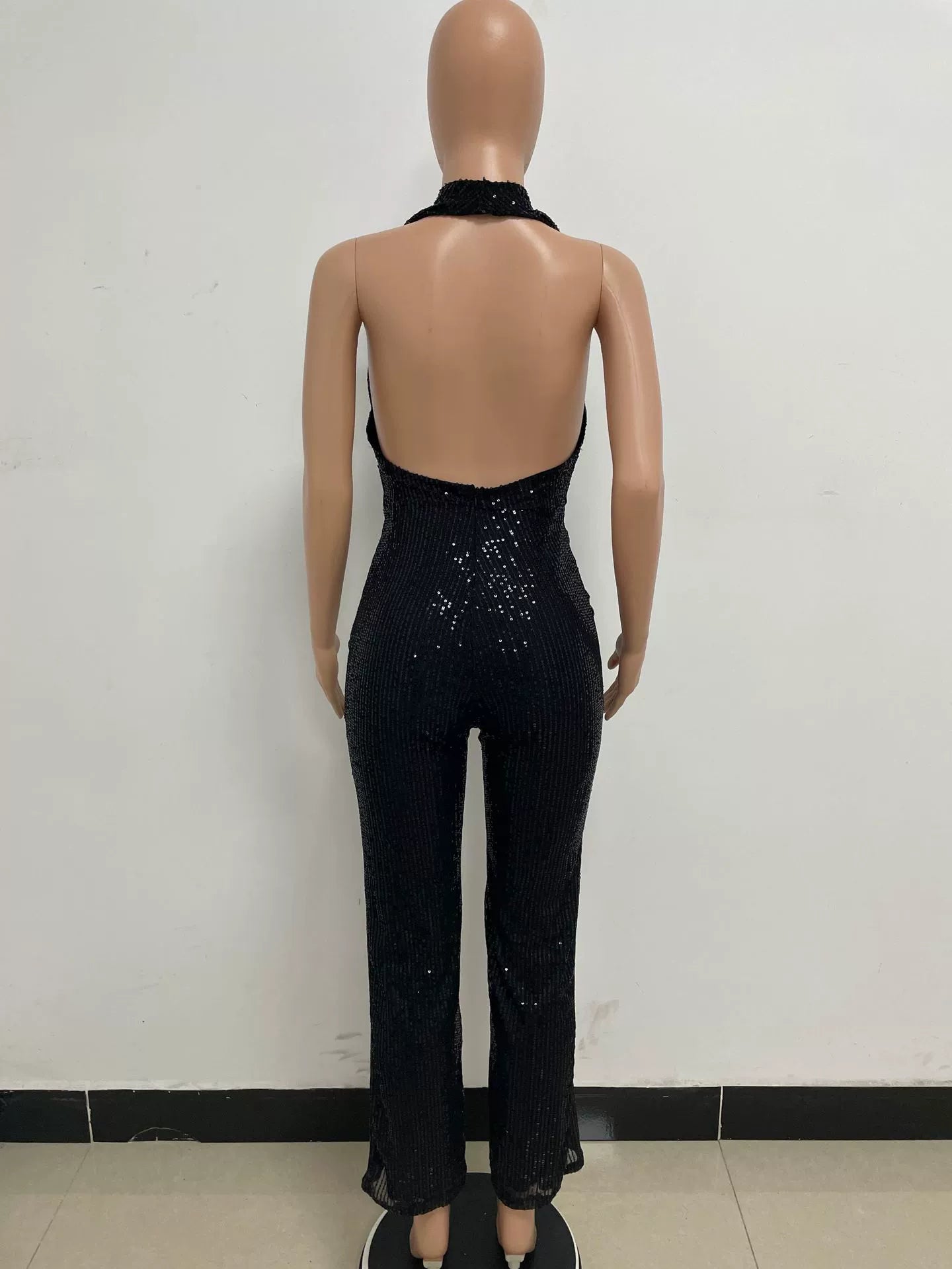 Women's Sleeveless Halter Sequined Jumpsuit Summer European American Style Short Eye-Catching Streetwear Low Waist Straight-leg
