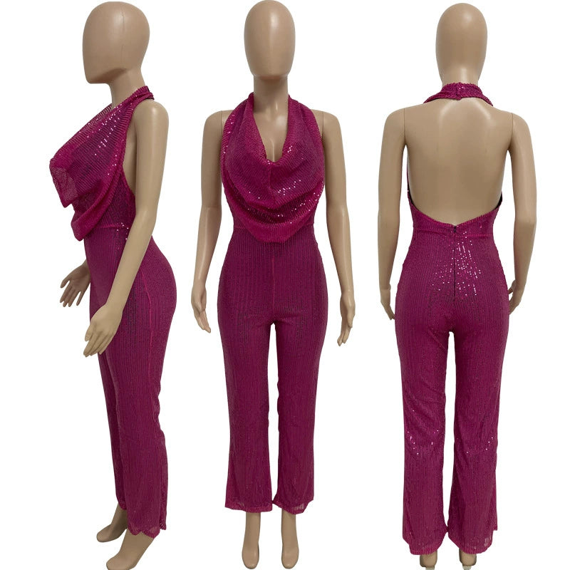 Women's Sleeveless Halter Sequined Jumpsuit Summer European American Style Short Eye-Catching Streetwear Low Waist Straight-leg