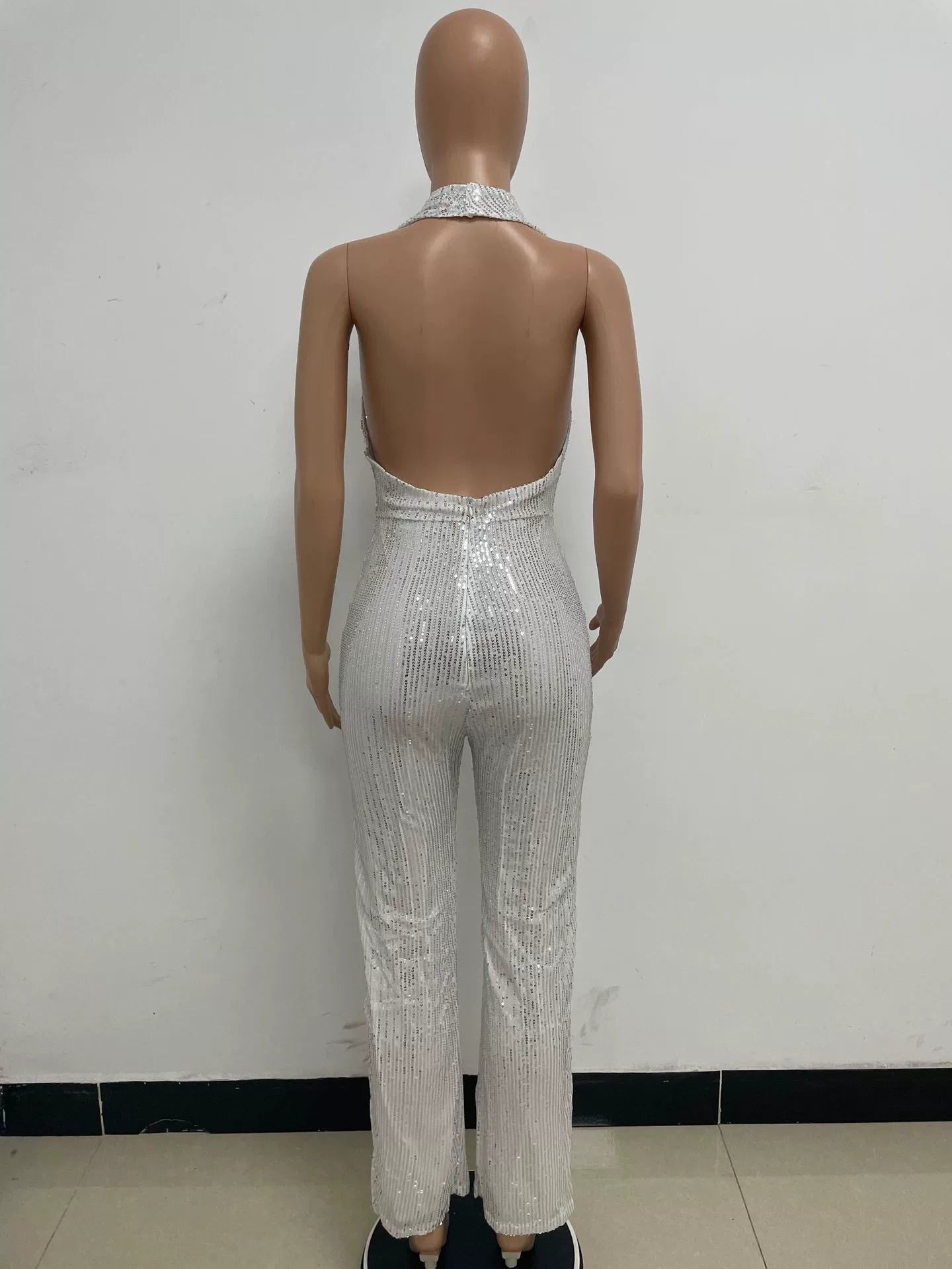 Women's Sleeveless Halter Sequined Jumpsuit Summer European American Style Short Eye-Catching Streetwear Low Waist Straight-leg