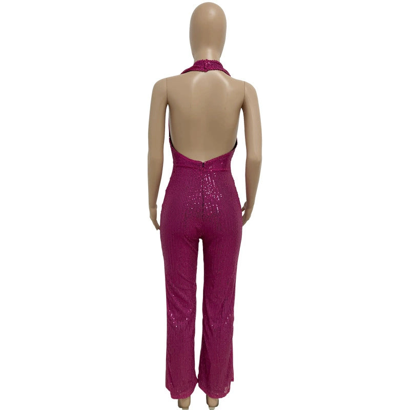 Women's Sleeveless Halter Sequined Jumpsuit Summer European American Style Short Eye-Catching Streetwear Low Waist Straight-leg