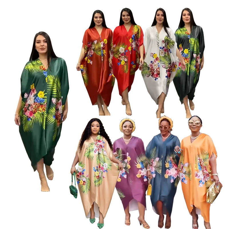 Satin Silk-like Print Loose African Dress