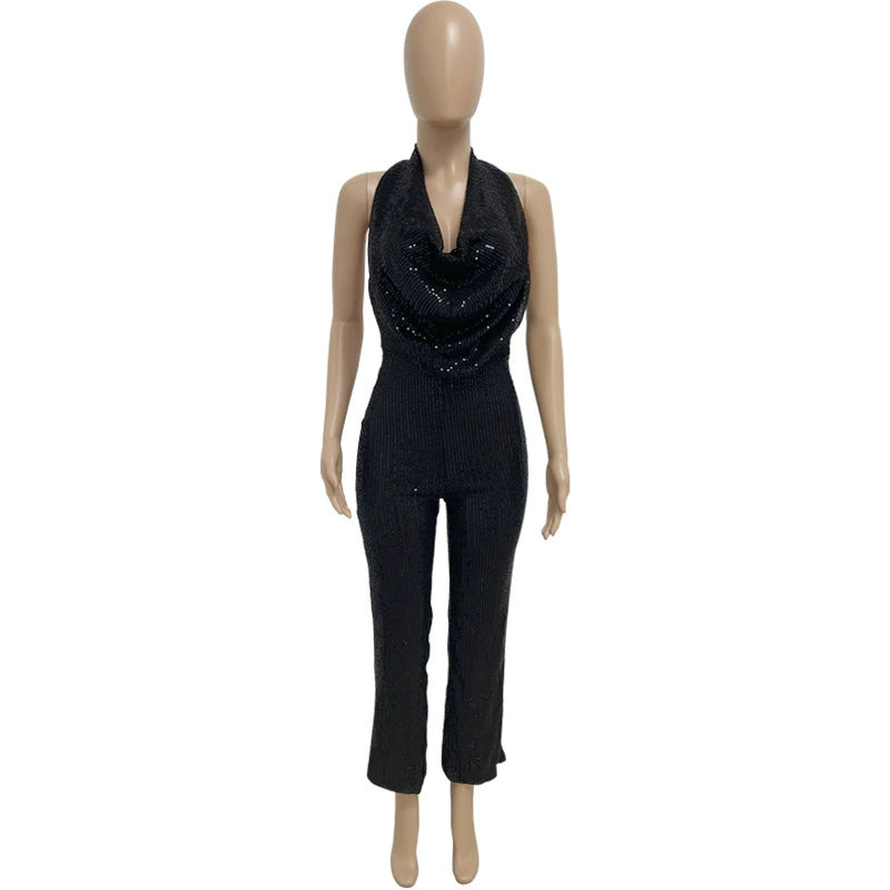 Women's Sleeveless Halter Sequined Jumpsuit Summer European American Style Short Eye-Catching Streetwear Low Waist Straight-leg