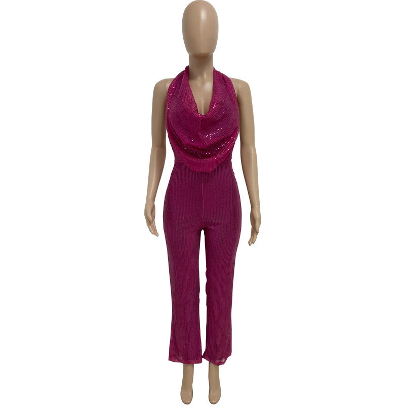 Women's Sleeveless Halter Sequined Jumpsuit Summer European American Style Short Eye-Catching Streetwear Low Waist Straight-leg