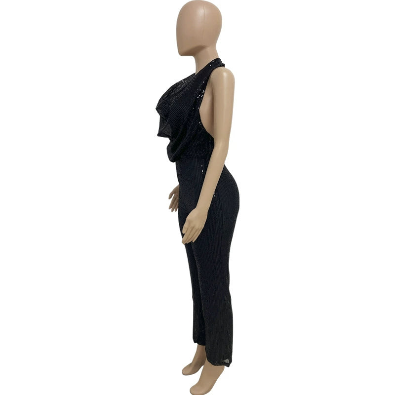Women's Sleeveless Halter Sequined Jumpsuit Summer European American Style Short Eye-Catching Streetwear Low Waist Straight-leg