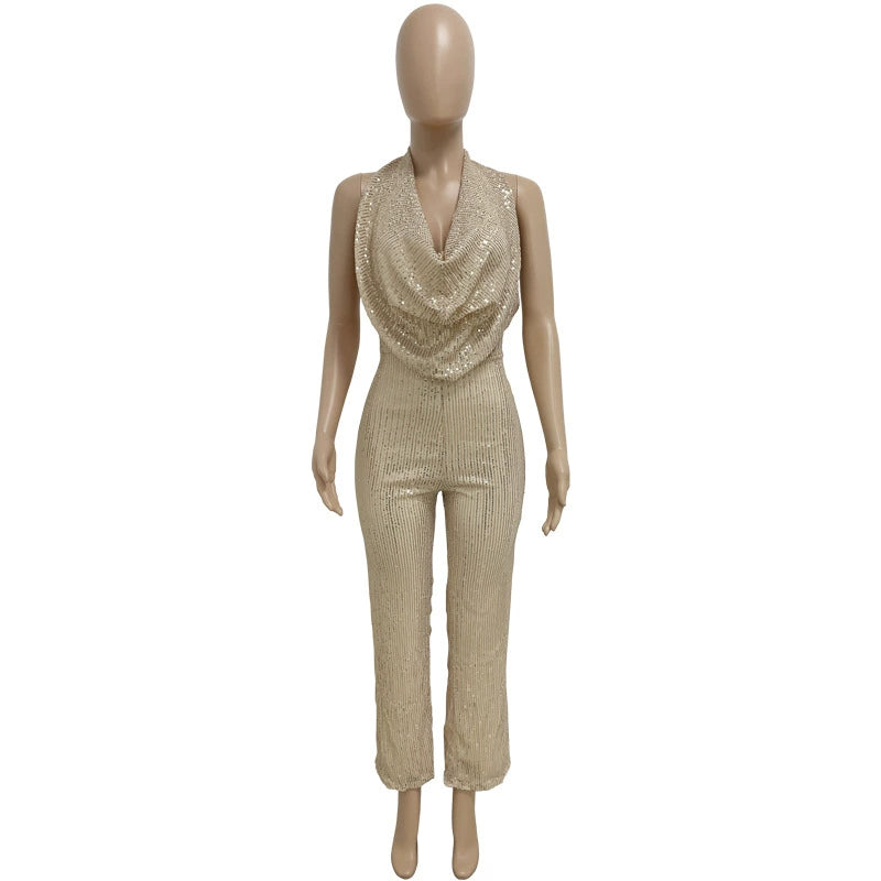 Women's Sleeveless Halter Sequined Jumpsuit Summer European American Style Short Eye-Catching Streetwear Low Waist Straight-leg